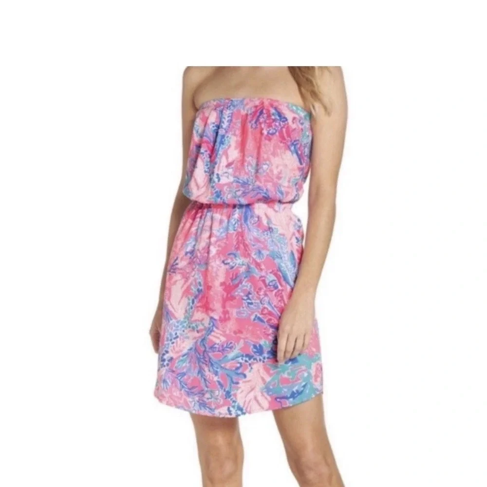 Lilly Pulitzer Strapless Dress Womens Xxs  Pink Blue Floral Pima Cotton Beach - Picture 9 of 9